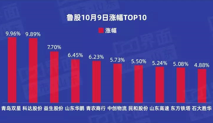 鲁股观察 10月9日：160只个股上涨，青岛双星领涨全省