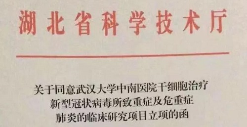 武汉大学中南医院干细胞治疗新型冠状病毒所致重症及危重症肺炎临床研究获批