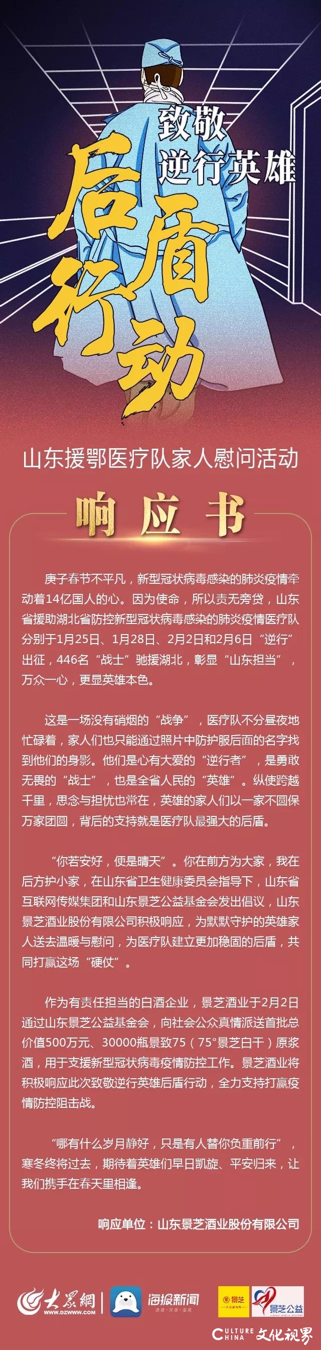 景芝酒业参与发起“致敬逆行英雄后盾行动”，向山东医疗队英雄家人表示慰问