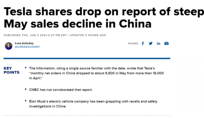 特斯拉5月中国销量腰斩，股价大跌一夜蒸发2000亿