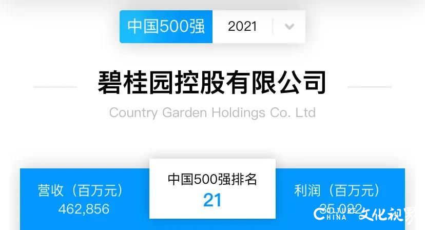 碧桂园连续11年入选上榜《财富》中国500强，以4629亿元的营业收入位列第21名