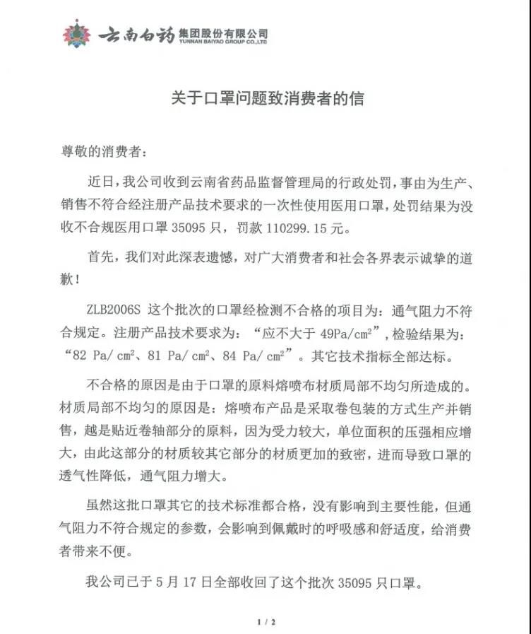 因生产销售不合格口罩被罚11万余元，云南白药向消费者和社会各界道歉