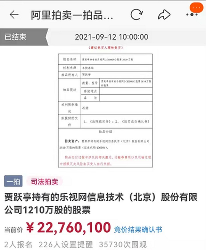 贾跃亭兄弟所持4410万股乐视网股票被拍下，共计8295万元