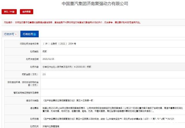 未按规定组织应急预案演练，重汽集团济南复强动力公司被处罚