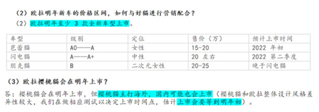 长城欧拉明年将推出四款新车：芭蕾猫、闪电猫、朋克猫、樱桃猫