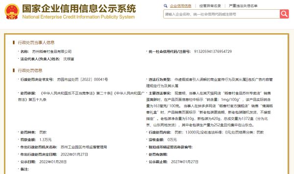 苏州稻香村因虚假宣传被罚1.3万元，涉及虚标盐糖含量等