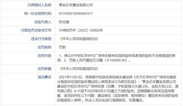 擅自使用未经消防经验收的楼层，泰安亿丰置业公司被罚10万元