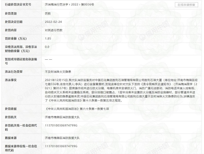 不及时消除火灾隐患，中国石化胜利石油大厦再次被处罚