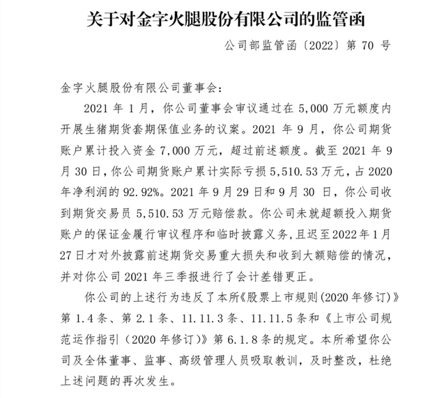 因涉嫌信息披露违法违规被立案，“火腿第一股”金字火腿随即跌停