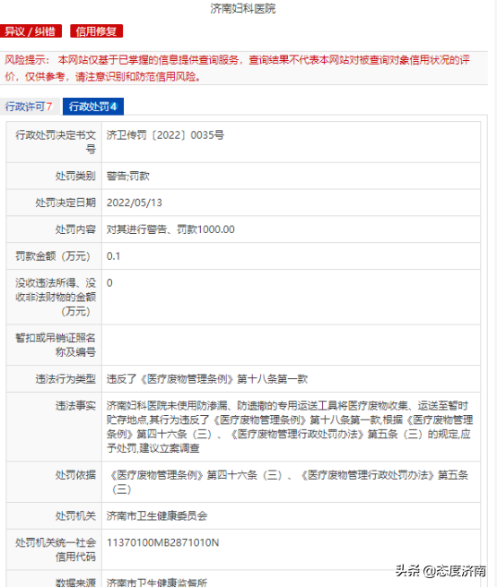 济南妇科医院再收罚单，今年已多次违规被罚