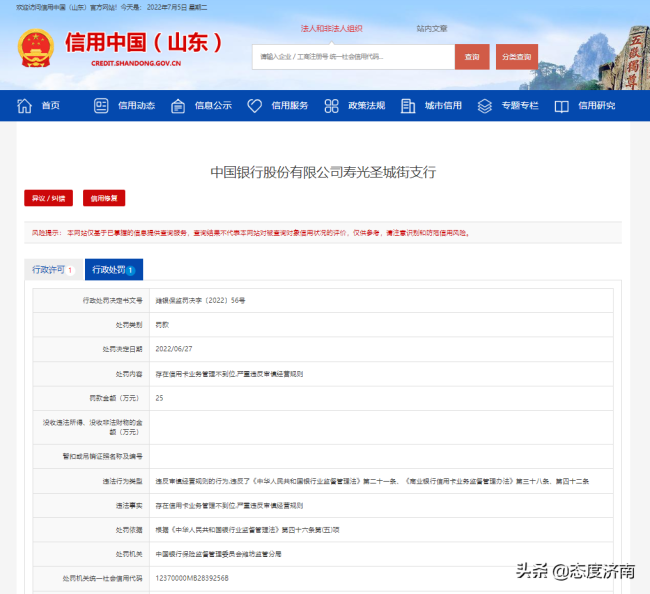 因信用卡业务管理不到位，中国银行寿光圣城街支行被罚25万元