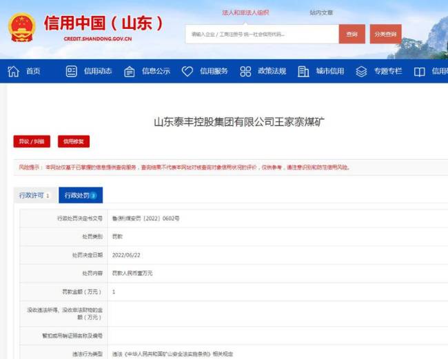 山东泰丰控股集团有限公司王家寨煤矿违规被罚