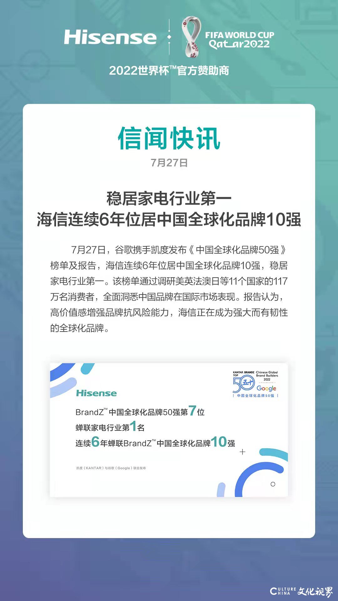 海信连续6年位居中国全球化品牌10强，蝉联家电行业第一