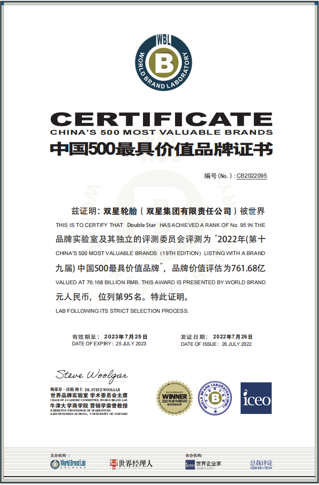 双星荣登“中国500最具价值品牌”，以761.68亿元的品牌价值持续领跑轮胎业