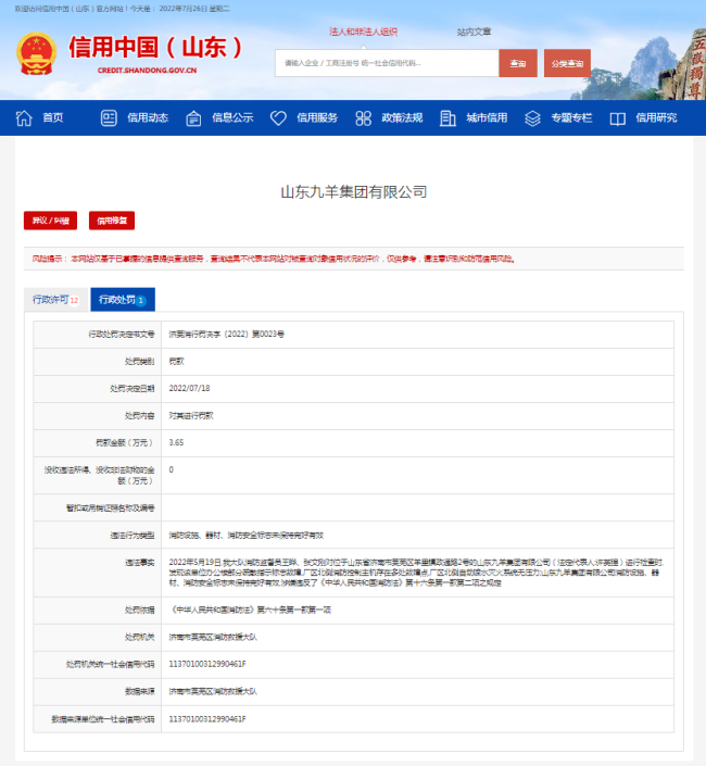 因消防设施、器材、消防安全标志未保持完好有效，山东九羊集团被罚3.65万元