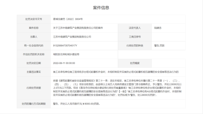 因安全措施违法，江苏中南建筑产业集团被处罚