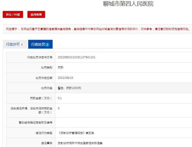 因放射诊疗场所不合标准、违规使用医保基金，聊城市第四人民医院被处罚款