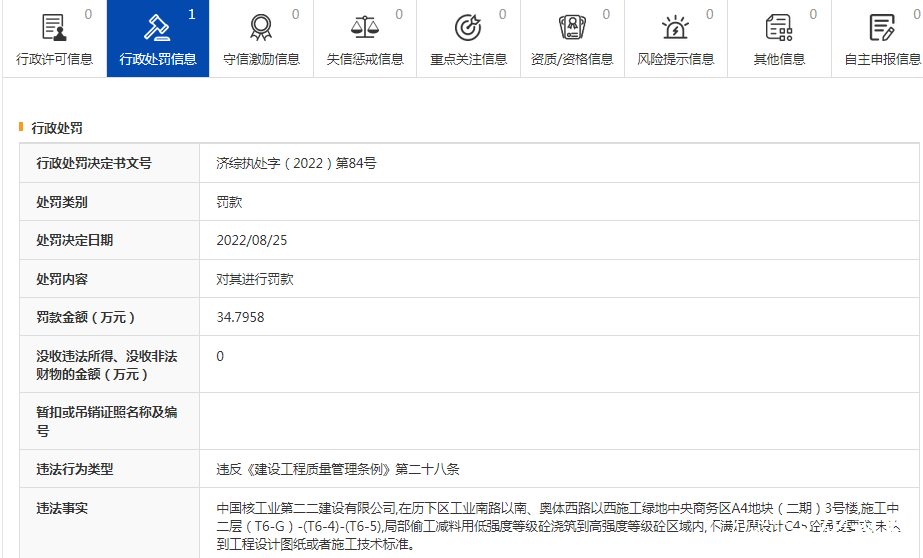 因施工偷工减料，中国核工业第二二建设公司被罚34万余元