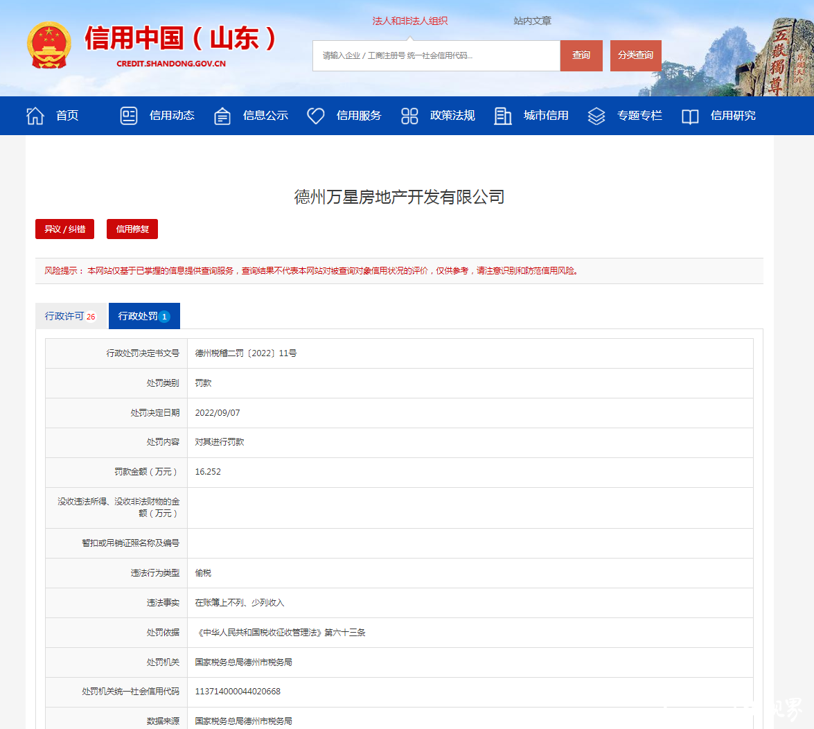 因账簿作假，德州万星房地产开发有限公司被罚16万余元