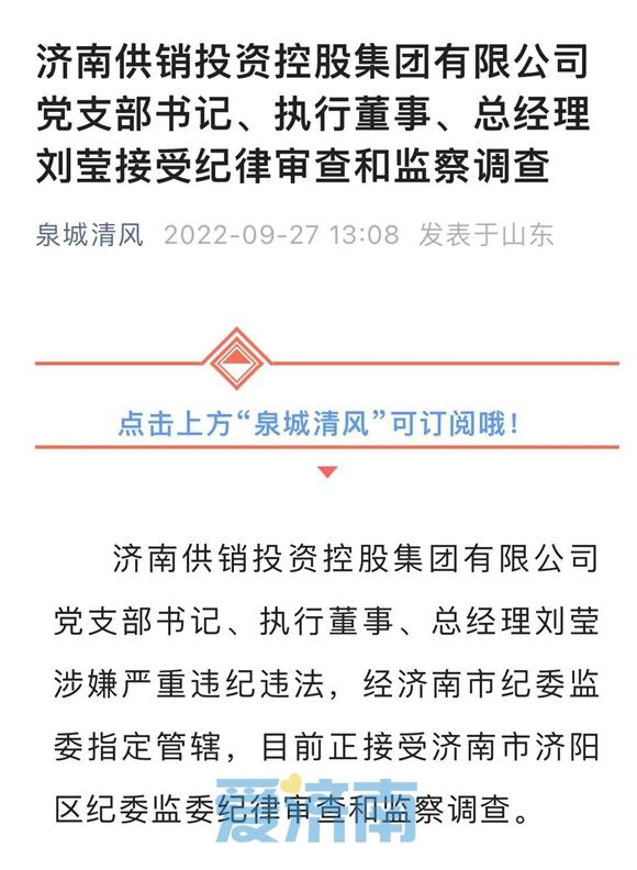 济南供销投资控股集团党支部书记、执行董事、总经理刘莹接受纪律审查和监察调查