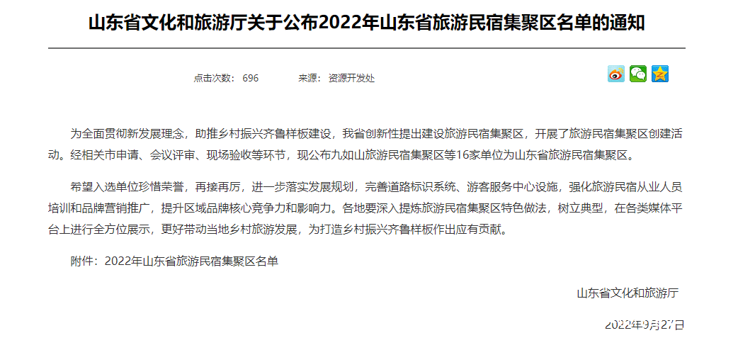 2022年山东省旅游民宿集聚区名单公示，济南九如山等16个单位入选