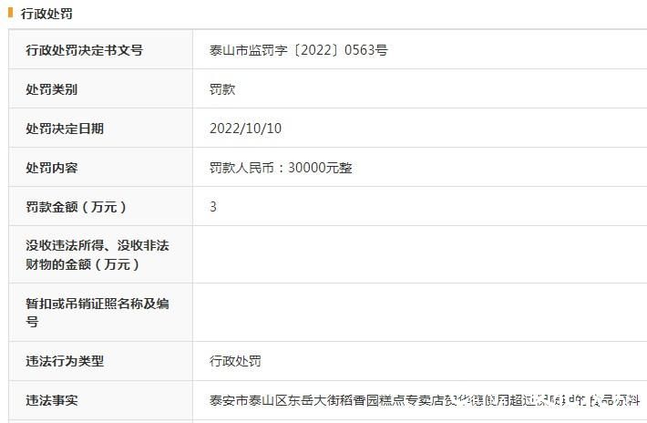 泰安一稻香园糕点店因使用过期原料被罚3万元