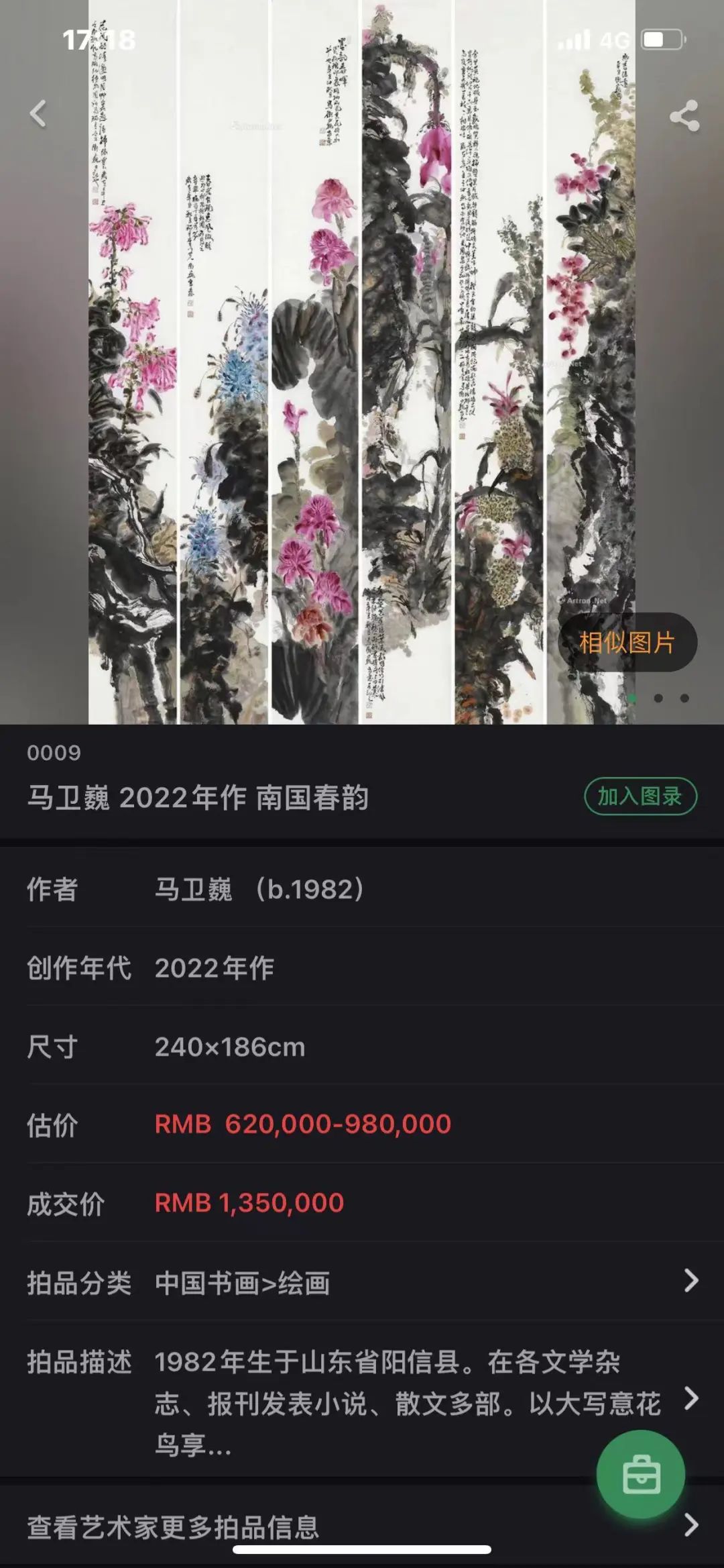 “墨染芳华——马卫巍精品国画专场”拍卖圆满落锤，15件成交额825万元