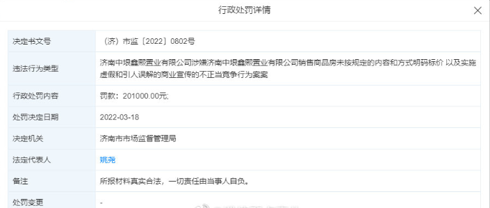济南中垠鑫熙置业因虚假宣传等被罚超20万元