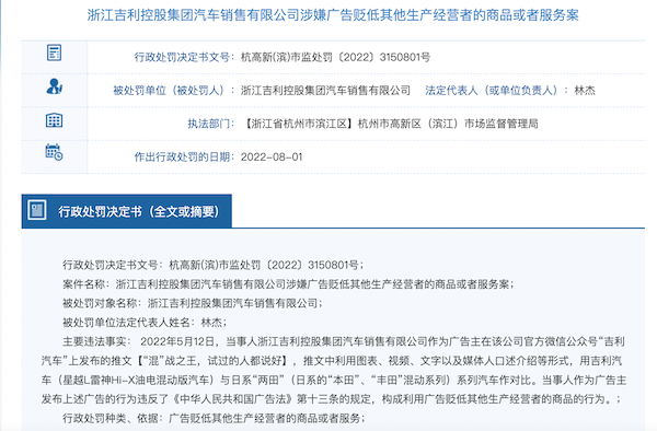 因使用“国家级”“最佳”等广告用语，吉利汽车销售公司被罚60万元