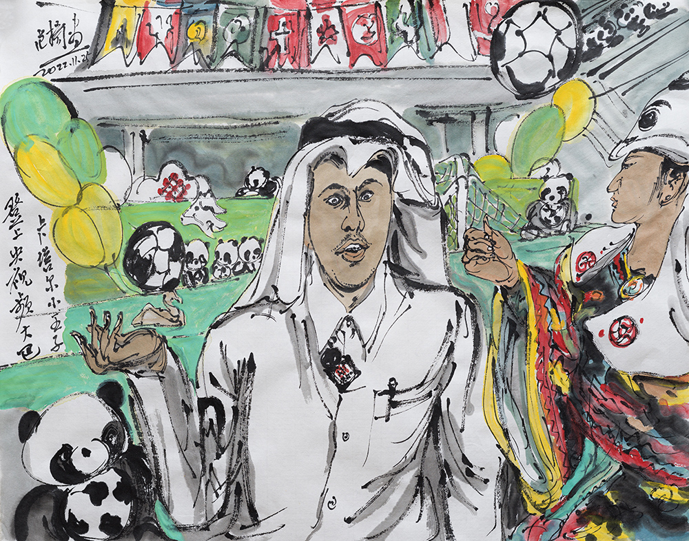 过人、进球、小王子……著名画家范扬紧盯卡塔尔世界杯赛场，佳作喷涌