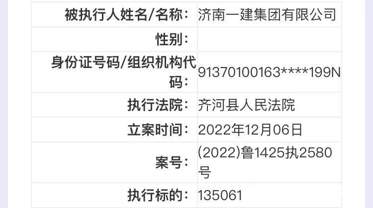 济南一建集团再被执行135061元