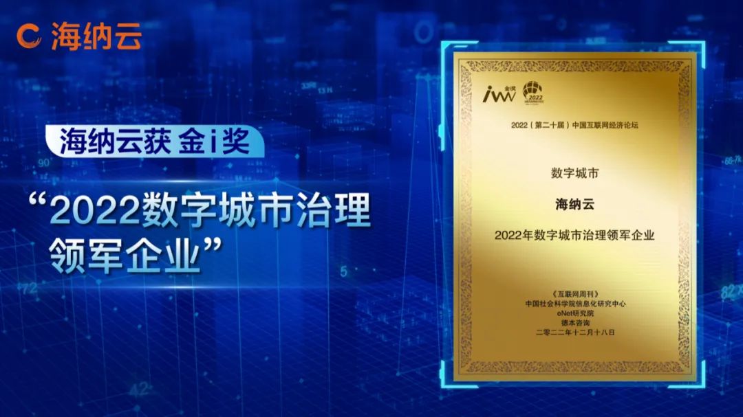 海纳云荣获金i奖——“2022年数字城市治理领军企业”