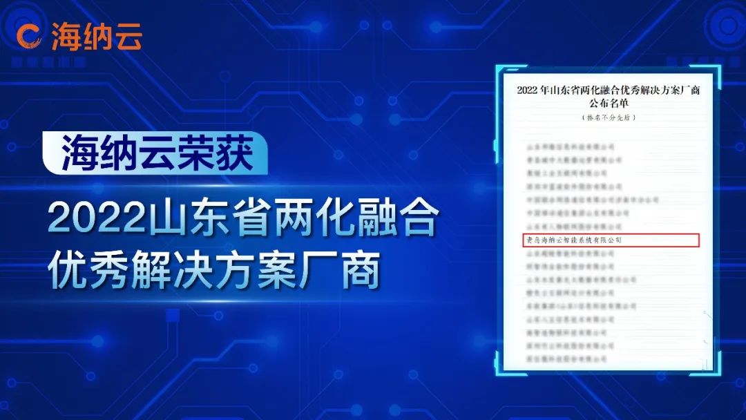 海纳云荣获“2022年山东省两化融合优秀解决方案厂商”