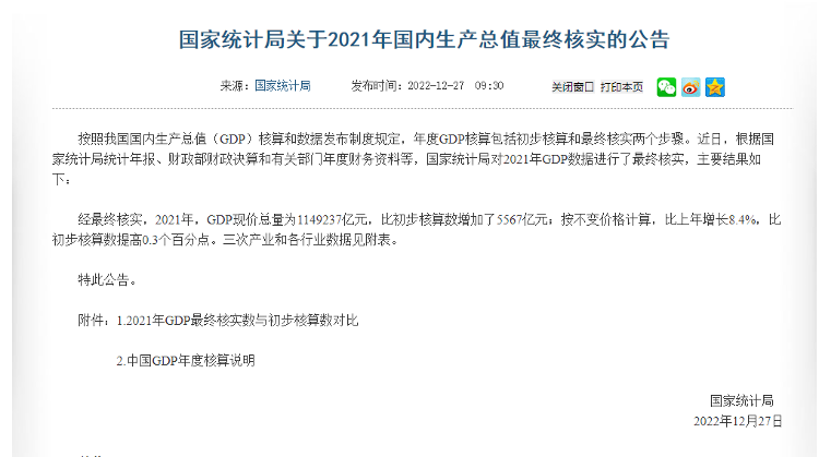 国家统计局最终核实：2021年GDP现价总量为1149237亿元，比上年增长8.4%