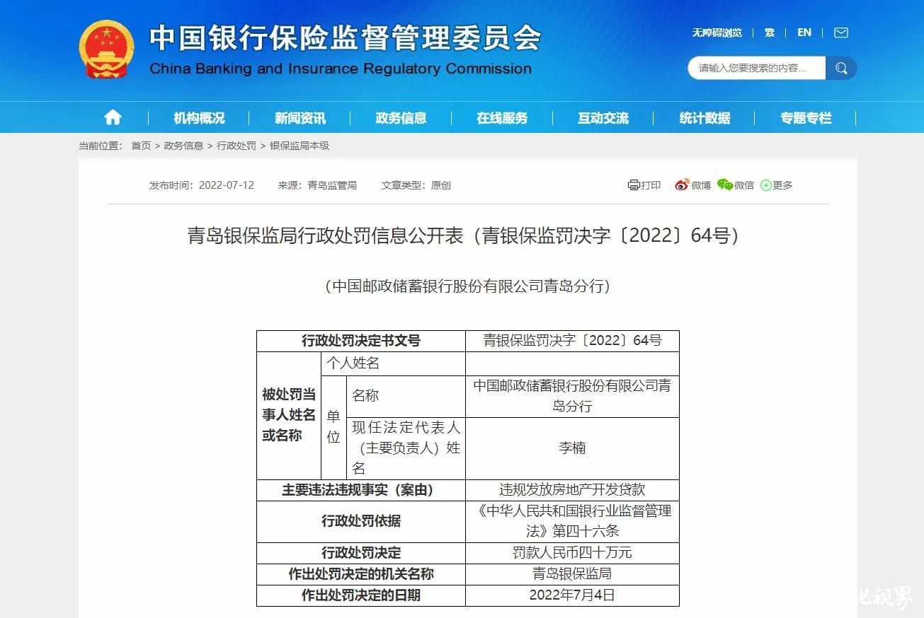 因贷款违规，邮储银行被青岛银保监局连开6张罚单罚款90万元