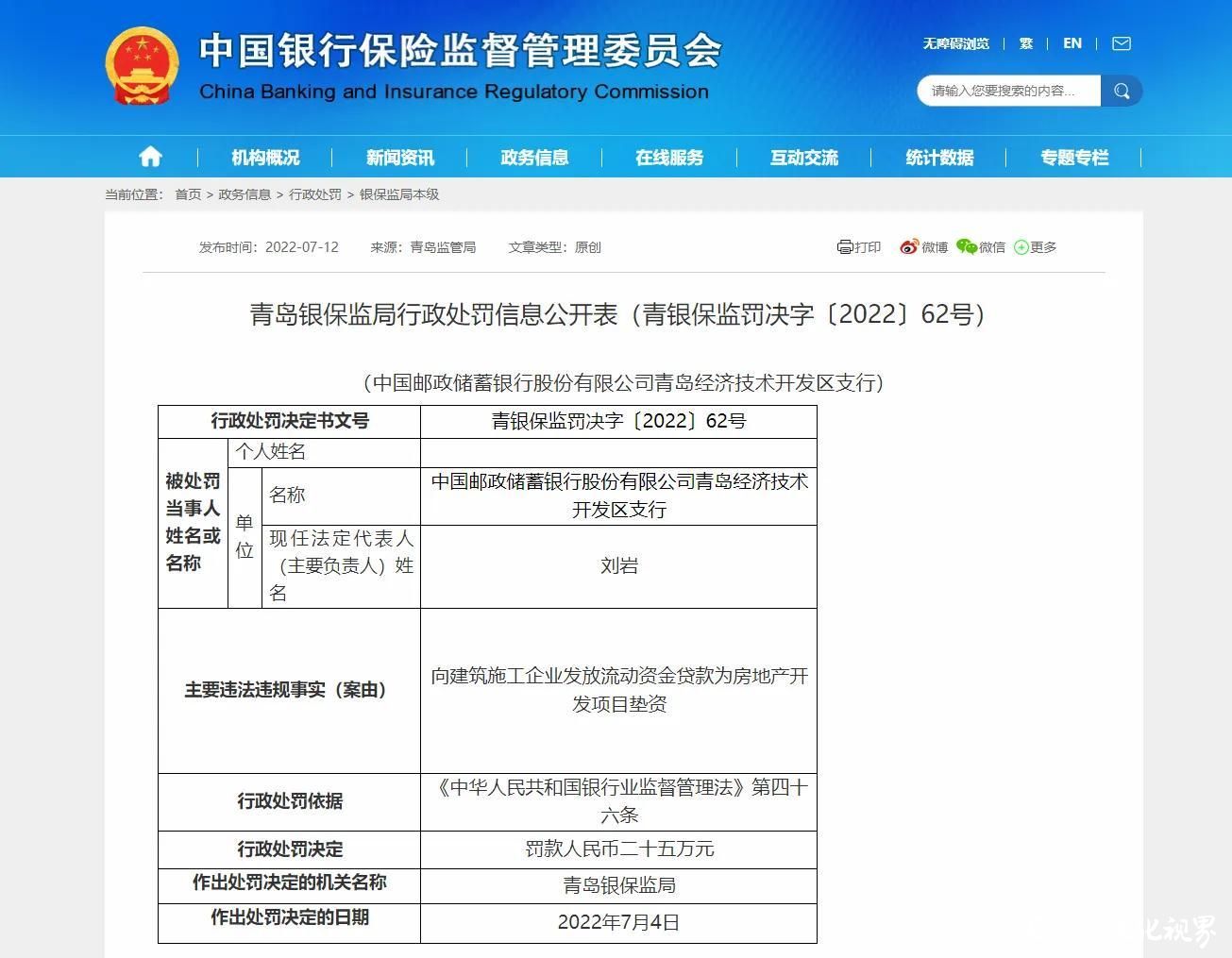 因贷款违规，邮储银行被青岛银保监局连开6张罚单罚款90万元