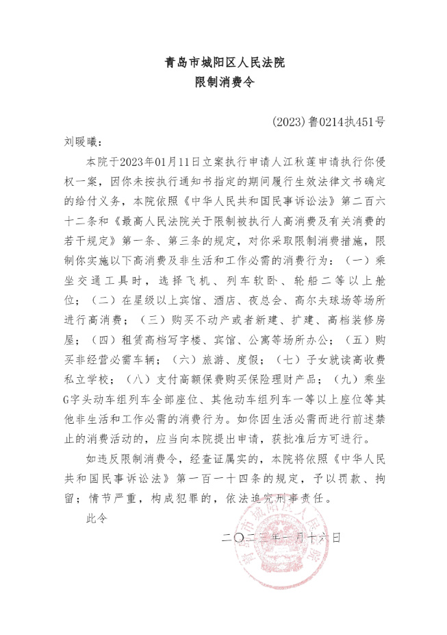 青岛市城阳区法院向刘鑫发布限制消费令