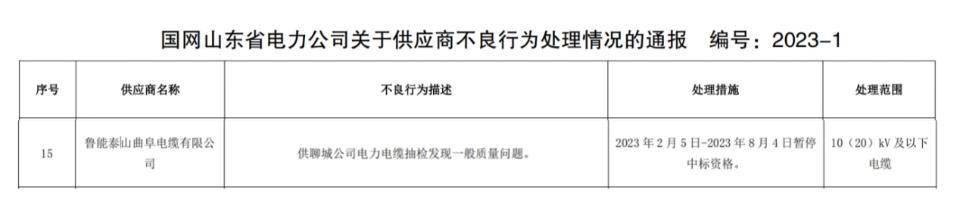 因出现质量问题，鲁能泰山曲阜电缆公司被暂停中标资格6个月