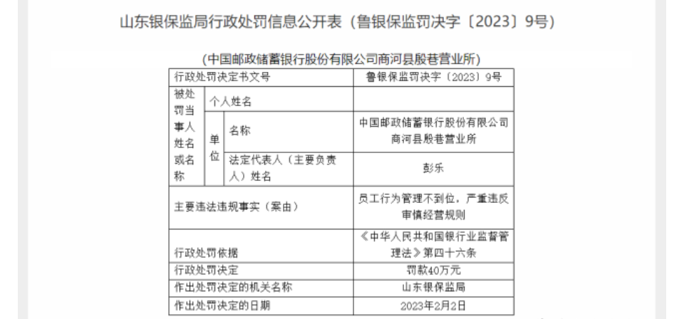 严重违反审慎经营规则，邮储银行济南商河县殷巷营业所被罚40万元