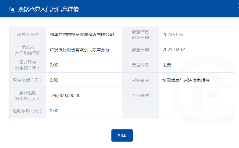 东营市利津县城投公司商票逾期，累计达1.96亿元