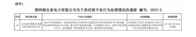 产品存严重质量问题，山东泉兴银桥光电缆公司被国网湖北、国网四川连续通报