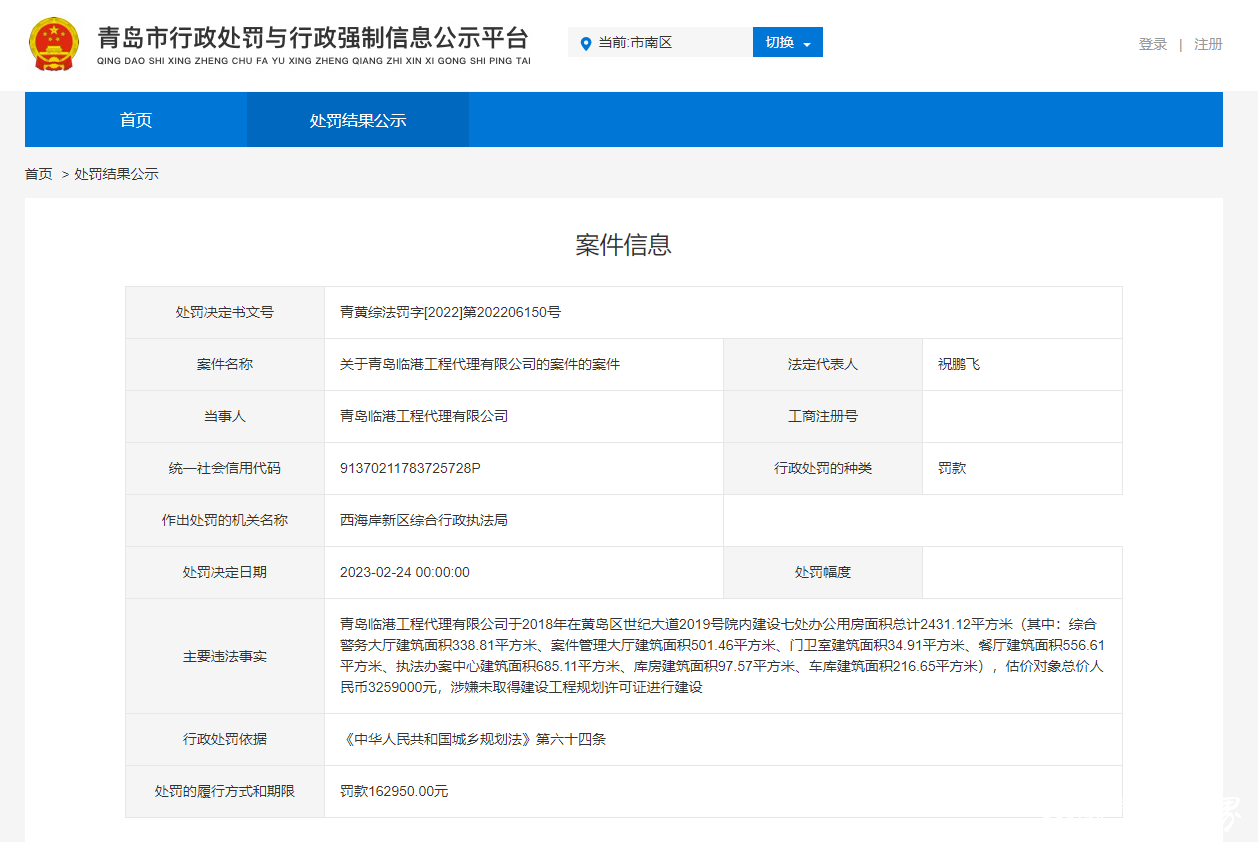 一天被罚2次，青岛临港工程代理公司因无证建设被罚超164万元