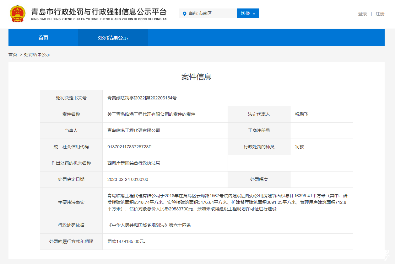 一天被罚2次，青岛临港工程代理公司因无证建设被罚超164万元