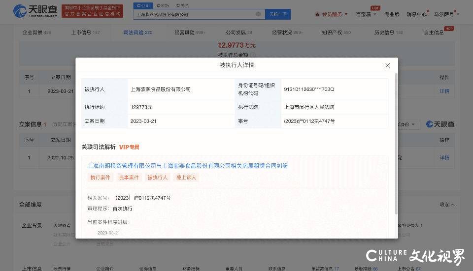 上海紫燕食品被强制执行近13万元