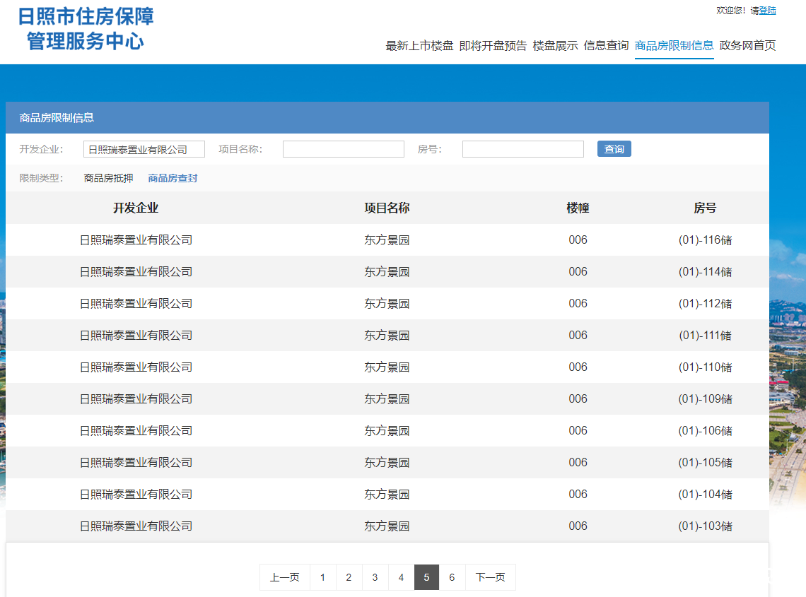 日照瑞泰置业东方景园项目54处商品房被查封