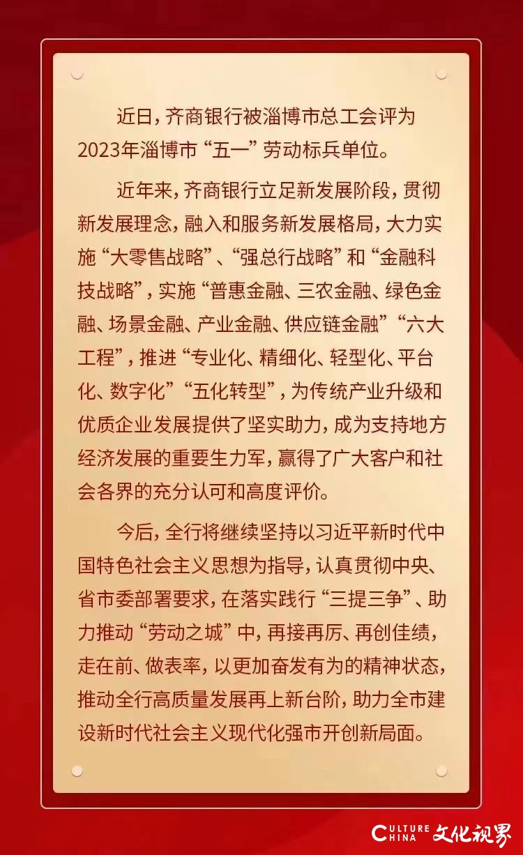 齐商银行被评为2023年淄博市“五一”劳动标兵单位