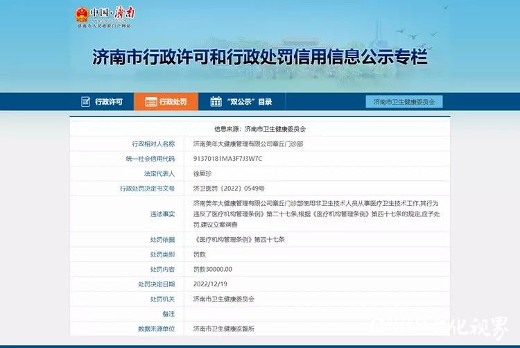 济南美年大健康管理有限公司章丘门诊部违规被罚3万元