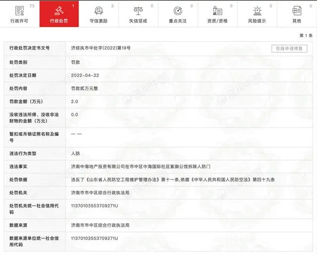 济南中海地产违法拆除人防门被处罚2万元