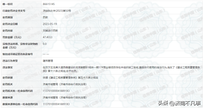 建筑违规，济南梁安置业、华隆置业被罚近50万元