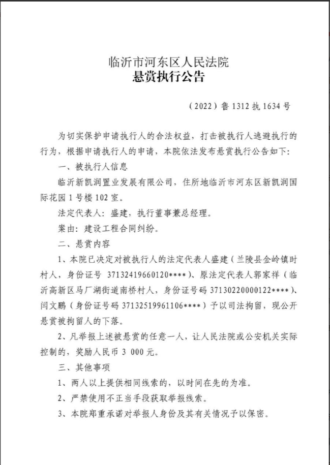 临沂新凯润置业逃避执行，法院发布悬赏执行公告